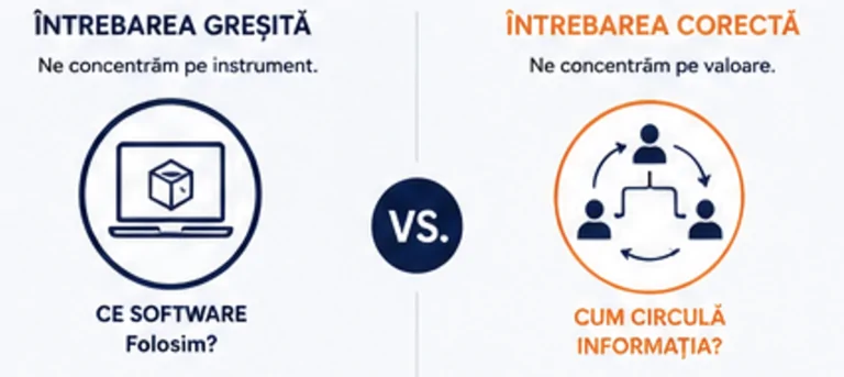 Comparație între întrebarea greșită (ce software folosim) și cea corectă (cum circulă informația) în implementarea BIM